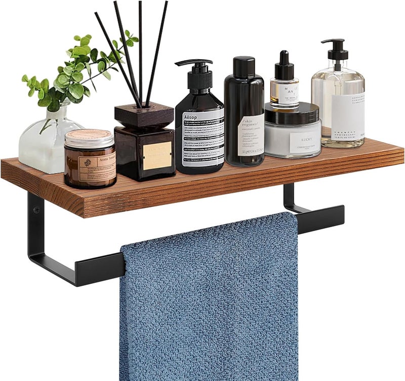 Winmien حامل منشفة يد/حلقة منشفة مع رف خشبي، رف منشفة يد، شماعة منشفة يد للحمام، ملحقات الحمام مثبتة على الحائط، أسود غير لامع (12 بوصة - شكل مربع) - Image 1